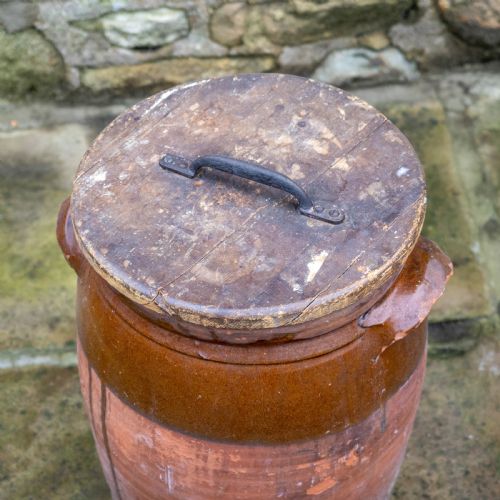 C19TH LARGE RUSTIC EARTHENWARE STORAGE JAR BREAD CROCK WITH LID - ADDITIONAL PHOTO 2