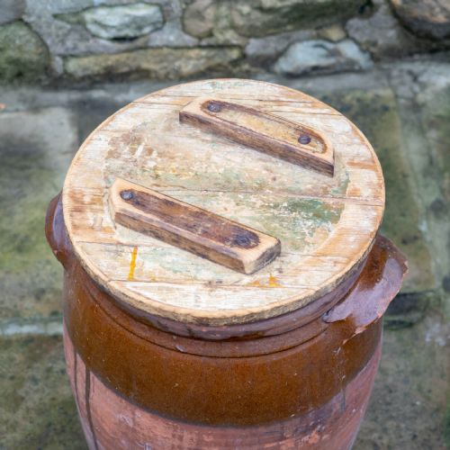 C19TH LARGE RUSTIC EARTHENWARE STORAGE JAR BREAD CROCK WITH LID - ADDITIONAL PHOTO 3