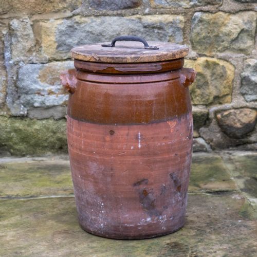 C19TH LARGE RUSTIC EARTHENWARE STORAGE JAR BREAD CROCK WITH LID - ADDITIONAL PHOTO 6