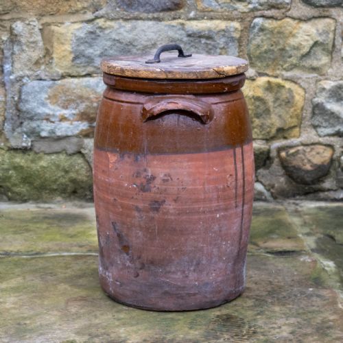C19TH LARGE RUSTIC EARTHENWARE STORAGE JAR BREAD CROCK WITH LID - ADDITIONAL PHOTO 7