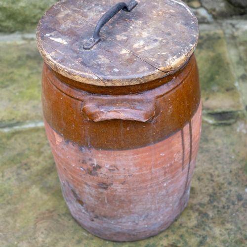 C19TH LARGE RUSTIC EARTHENWARE STORAGE JAR BREAD CROCK WITH LID - ADDITIONAL PHOTO 8