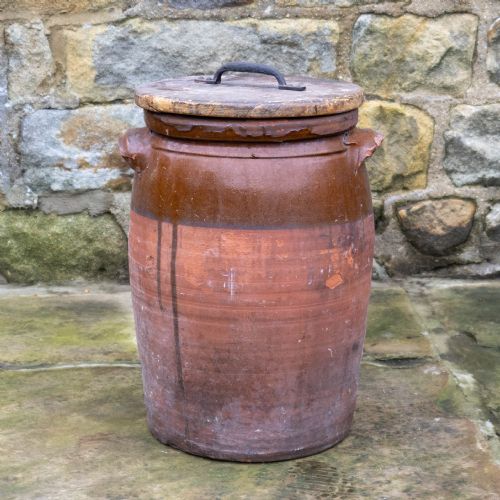 C19TH LARGE RUSTIC EARTHENWARE STORAGE JAR BREAD CROCK WITH LID - ADDITIONAL PHOTO 9