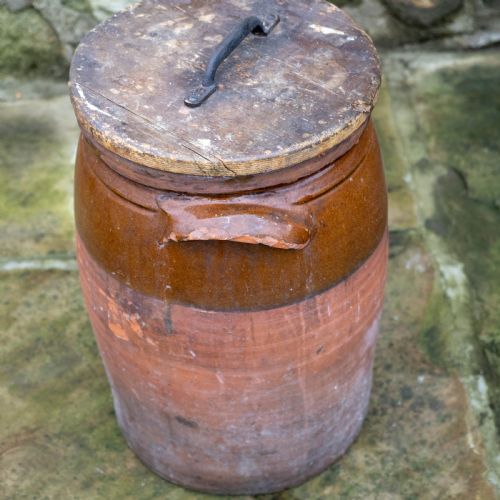 C19TH LARGE RUSTIC EARTHENWARE STORAGE JAR BREAD CROCK WITH LID - ADDITIONAL PHOTO 11