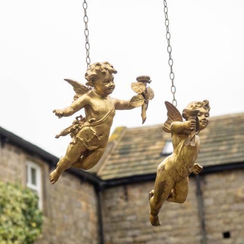 ANTIQUE PAIR OF CHERUB GILT BRONZE LIGHT PENDANTS EARLY C20TH - ADDITIONAL PHOTO 1