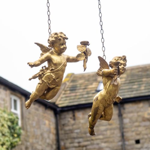 ANTIQUE PAIR OF CHERUB GILT BRONZE LIGHT PENDANTS EARLY C20TH - ADDITIONAL PHOTO 2