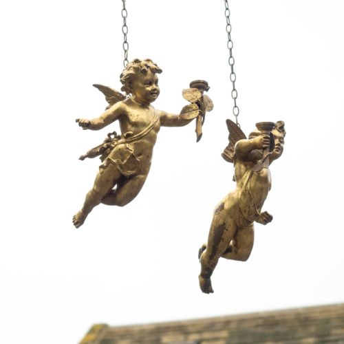 ANTIQUE PAIR OF CHERUB GILT BRONZE LIGHT PENDANTS EARLY C20TH - ADDITIONAL PHOTO 4