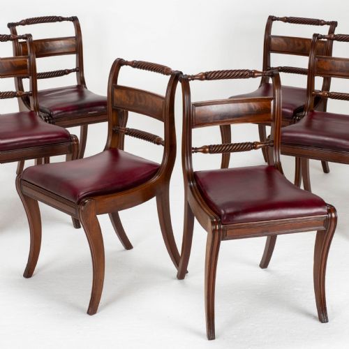 Regency Mahogany Leather Set of 6 Rope Back Dining Chairs (Georgian)