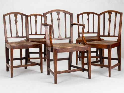 georgian elm sheraton vernacular country set of 5 dining chairs carver george iii - CATEGORY: ANTIQUE CHAIRS - DATED 18TH CENTURY