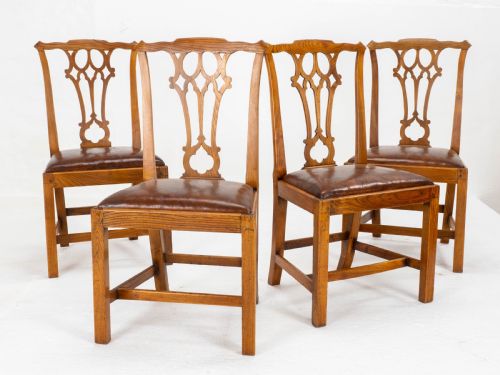 GEORGIAN CHIPPENDALE COUNTRY VERNACULAR STYLE ELM LEATHER SET OF 4 DINING CHAIRS - ADDITIONAL PHOTO 3