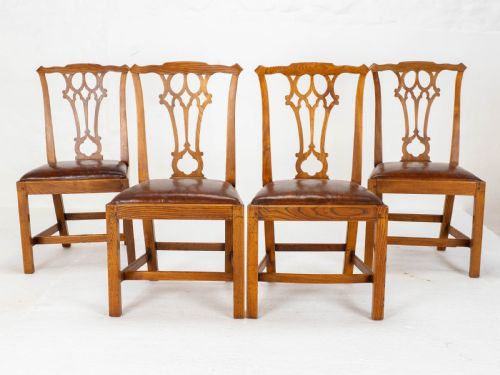 GEORGIAN CHIPPENDALE COUNTRY VERNACULAR STYLE ELM LEATHER SET OF 4 DINING CHAIRS - ADDITIONAL PHOTO 4