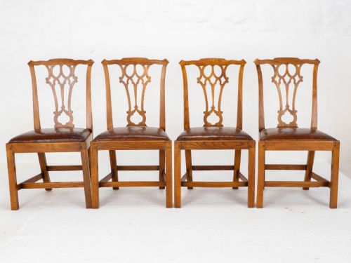 GEORGIAN CHIPPENDALE COUNTRY VERNACULAR STYLE ELM LEATHER SET OF 4 DINING CHAIRS - ADDITIONAL PHOTO 5