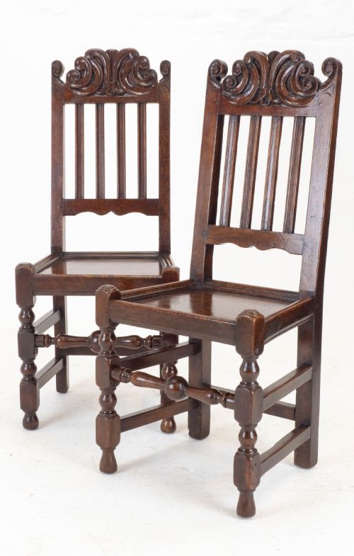 carolean c17th pair of carved high back oak side chairs country jacobean - CATEGORY: ANTIQUE CHAIRS - DATED 17TH CENTURY