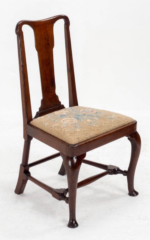 early c18th queen anne walnut high back upholstered dining side chair - CATEGORY: ANTIQUE CHAIRS - DATED 18TH CENTURY