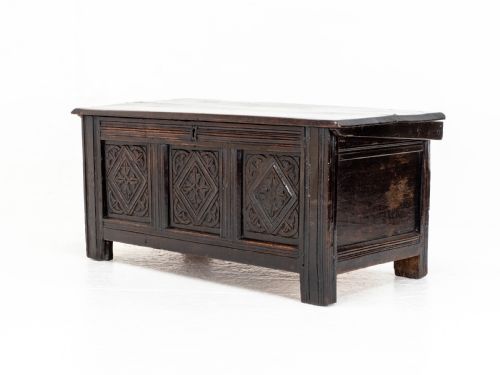 CHARLES II C17TH CARVED OAK PANELLED COFFER W SOLID PLANK LID C1675 CAROLEAN - ADDITIONAL PHOTO 3