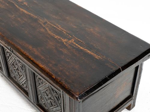 CHARLES II C17TH CARVED OAK PANELLED COFFER W SOLID PLANK LID C1675 CAROLEAN - ADDITIONAL PHOTO 10