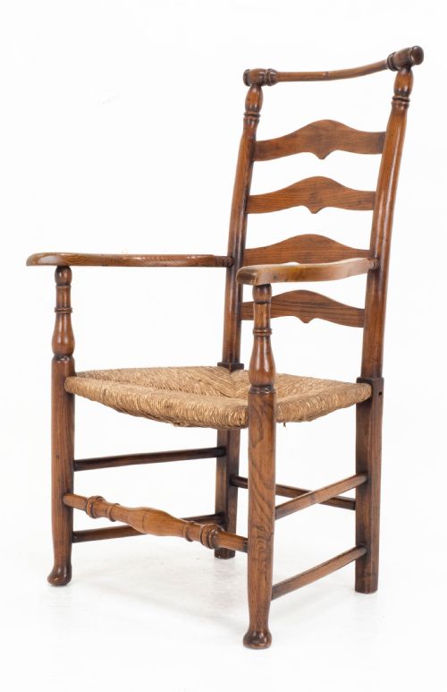 c19th macclesfield elm ash country ladderback rush seat carver armchair - CATEGORY: ANTIQUE CHAIRS - DATED 19TH CENTURY