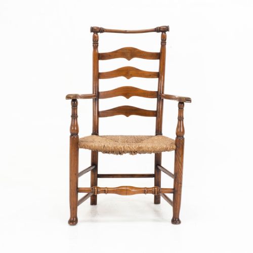 C19TH MACCLESFIELD ELM ASH COUNTRY LADDERBACK RUSH SEAT CARVER ARMCHAIR - ADDITIONAL PHOTO 1