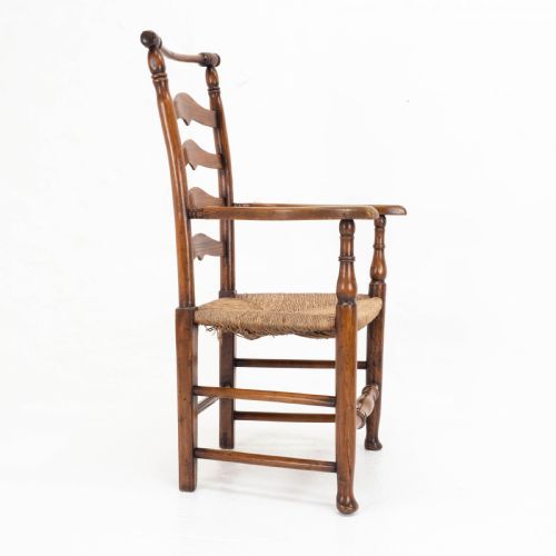 C19TH MACCLESFIELD ELM ASH COUNTRY LADDERBACK RUSH SEAT CARVER ARMCHAIR - ADDITIONAL PHOTO 4