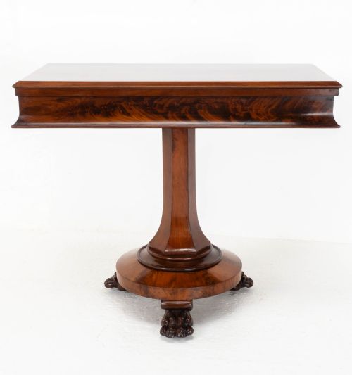 william iv flame mahogany pedestal console foldover tea table claw feet c1835 - CATEGORY: ANTIQUE TABLES - DATED 19TH CENTURY