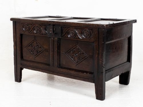 LATE C17TH CAROLEAN SMALL DARK OAK PANELLED COFFER CHARLES II JACOBEAN - ADDITIONAL PHOTO 1