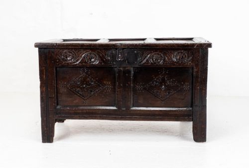 LATE C17TH CAROLEAN SMALL DARK OAK PANELLED COFFER CHARLES II JACOBEAN - ADDITIONAL PHOTO 2