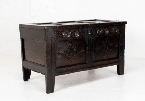 LATE C17TH CAROLEAN SMALL DARK OAK PANELLED COFFER CHARLES II JACOBEAN - ADDITIONAL PHOTO 7