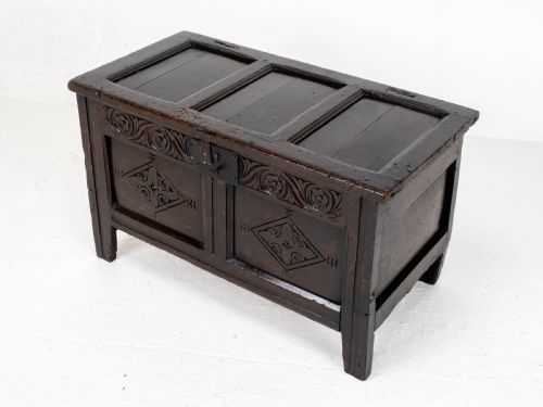 LATE C17TH CAROLEAN SMALL DARK OAK PANELLED COFFER CHARLES II JACOBEAN - ADDITIONAL PHOTO 12