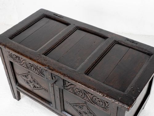 LATE C17TH CAROLEAN SMALL DARK OAK PANELLED COFFER CHARLES II JACOBEAN - ADDITIONAL PHOTO 13