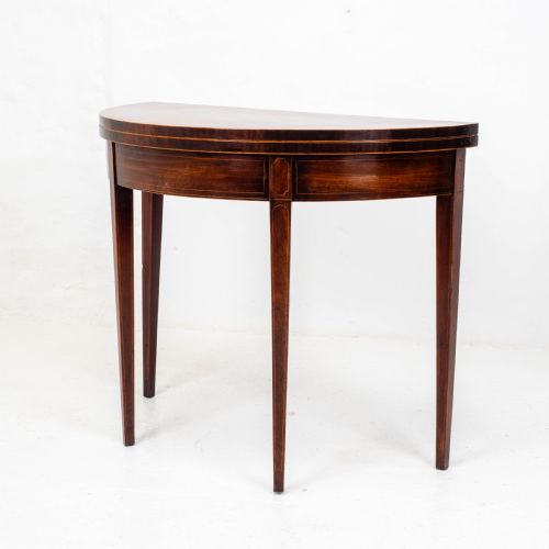 GEORGE III DEMILUNE MAHOGANY INLAID CONSOLE CARDGAMES TABLE - ADDITIONAL PHOTO 4