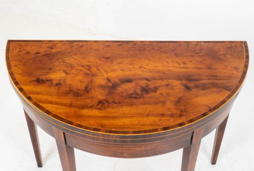 GEORGE III DEMILUNE MAHOGANY INLAID CONSOLE CARDGAMES TABLE - ADDITIONAL PHOTO 8