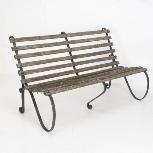 VICTORIAN STRAPWORK IRON SLATTED GARDEN BENCH C19TH - ADDITIONAL PHOTO 1