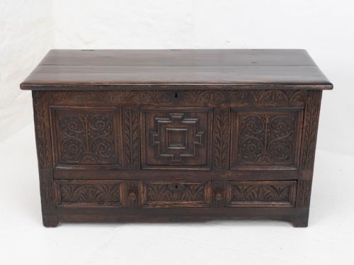 CAROLEAN C17TH LATER CARVED DARK OAK CARVED MULE CHEST COFFER KIST JACOBEAN - ADDITIONAL PHOTO 1