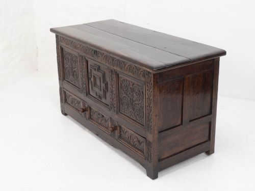 CAROLEAN C17TH LATER CARVED DARK OAK CARVED MULE CHEST COFFER KIST JACOBEAN - ADDITIONAL PHOTO 3