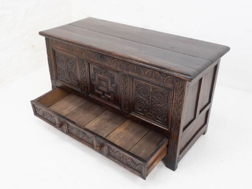 CAROLEAN C17TH LATER CARVED DARK OAK CARVED MULE CHEST COFFER KIST JACOBEAN - ADDITIONAL PHOTO 5