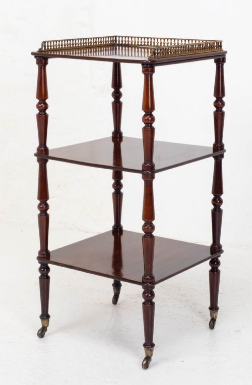 regency gilt metal mahogany etagere 3 tier shelves c1820 whatnot - CATEGORY: ANTIQUE FURNITURE - DATED REGENCY