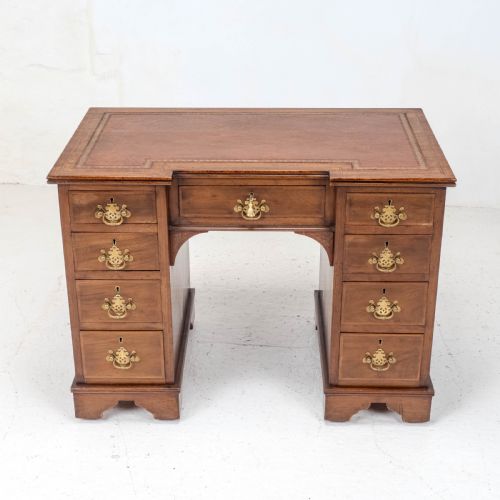 EDWARDIAN SMALL INVERTED BREAKFRONT MAHOGANY INLAID LEATHER WRITING DESK C1905 - ADDITIONAL PHOTO 1