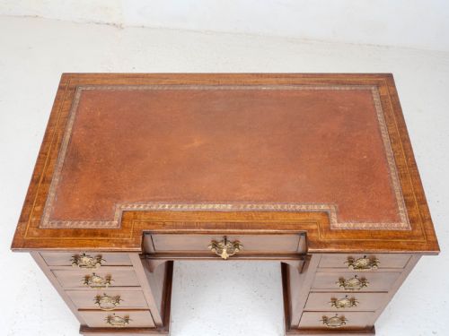 EDWARDIAN SMALL INVERTED BREAKFRONT MAHOGANY INLAID LEATHER WRITING DESK C1905 - ADDITIONAL PHOTO 2