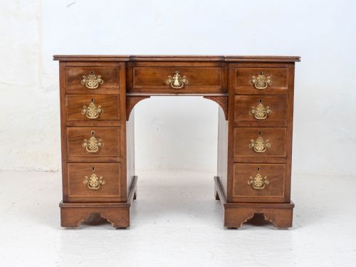 EDWARDIAN SMALL INVERTED BREAKFRONT MAHOGANY INLAID LEATHER WRITING DESK C1905 - ADDITIONAL PHOTO 4
