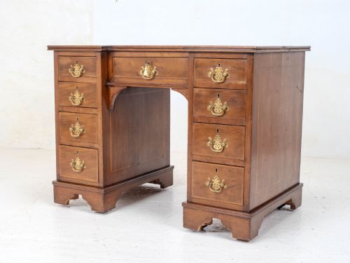 EDWARDIAN SMALL INVERTED BREAKFRONT MAHOGANY INLAID LEATHER WRITING DESK C1905 - ADDITIONAL PHOTO 10