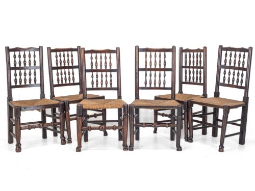 C19TH MATCHED SET OF 6 ELM ASH LANCASHIRE RUSH SEAT COUNTRY DINING CHAIRS - ADDITIONAL PHOTO 1