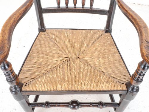 C19TH ELM ASH LANCASHIRE RUSH SEAT COUNTRY CARVER ARMCHAIR - ADDITIONAL PHOTO 9