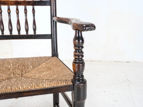 C19TH ELM ASH LANCASHIRE RUSH SEAT COUNTRY CARVER ARMCHAIR - ADDITIONAL PHOTO 11