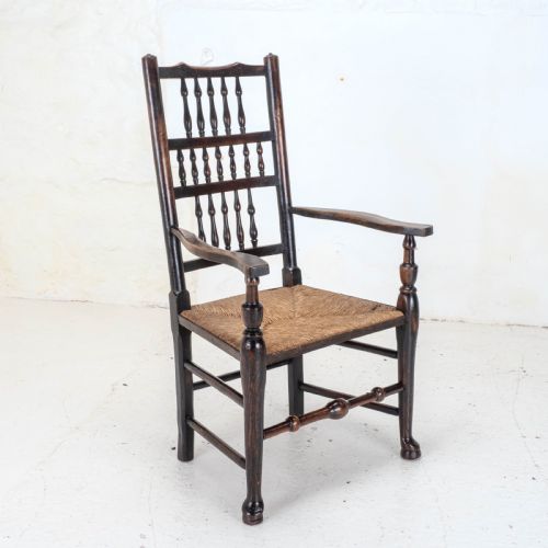 c19th elm ash beech lancashire rush seat country carver armchair - CATEGORY: ANTIQUE CHAIRS - DATED 19TH CENTURY