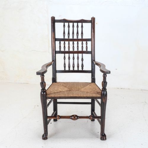 C19TH ELM ASH BEECH LANCASHIRE RUSH SEAT COUNTRY CARVER ARMCHAIR - ADDITIONAL PHOTO 2