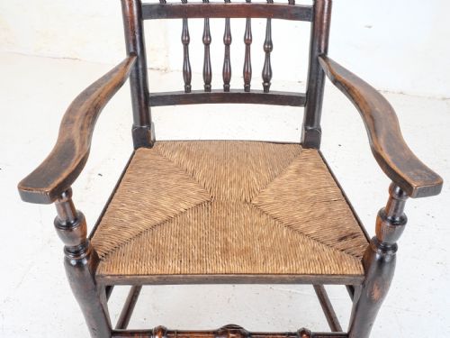 C19TH ELM ASH BEECH LANCASHIRE RUSH SEAT COUNTRY CARVER ARMCHAIR - ADDITIONAL PHOTO 8