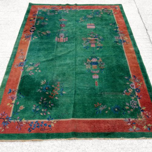 chinese art deco green carpet c1920 8'9x6'2 2675x188cm rug - CATEGORY: ANTIQUE RUGS - DATED 1920