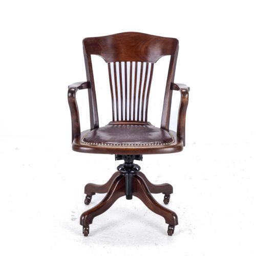 1920'S ADJUSTABLE SWIVEL MAHOGANY LEATHER DESK ARMCHAIR CHAIR - ADDITIONAL PHOTO 1