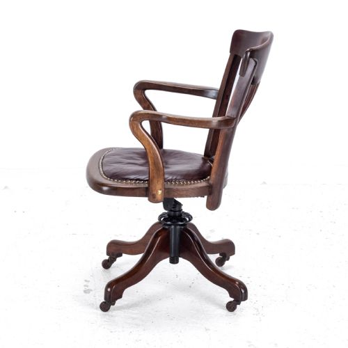 1920'S ADJUSTABLE SWIVEL MAHOGANY LEATHER DESK ARMCHAIR CHAIR - ADDITIONAL PHOTO 3