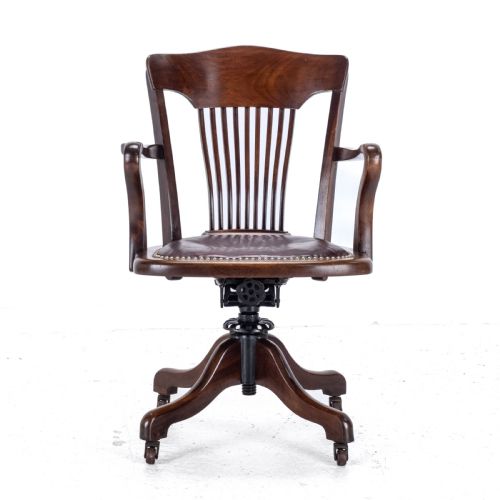 1920'S ADJUSTABLE SWIVEL MAHOGANY LEATHER DESK ARMCHAIR CHAIR - ADDITIONAL PHOTO 14