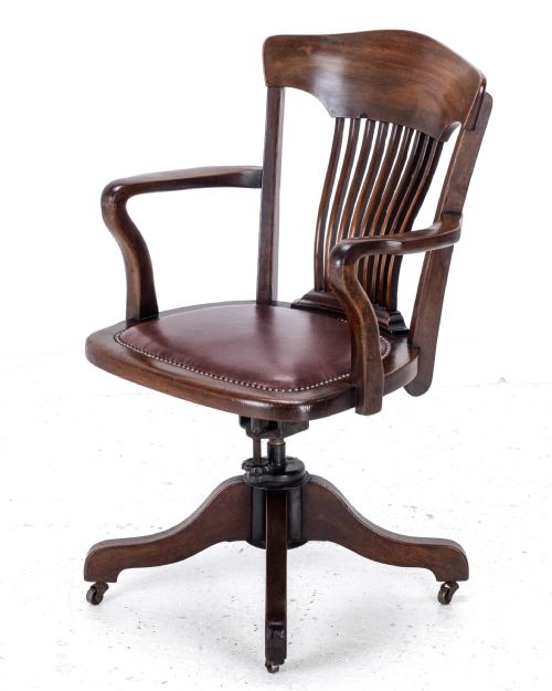 c1920s mahogany leather upholstered swivel adjustable desk armchair - CATEGORY: ANTIQUE CHAIRS - DATED 1920